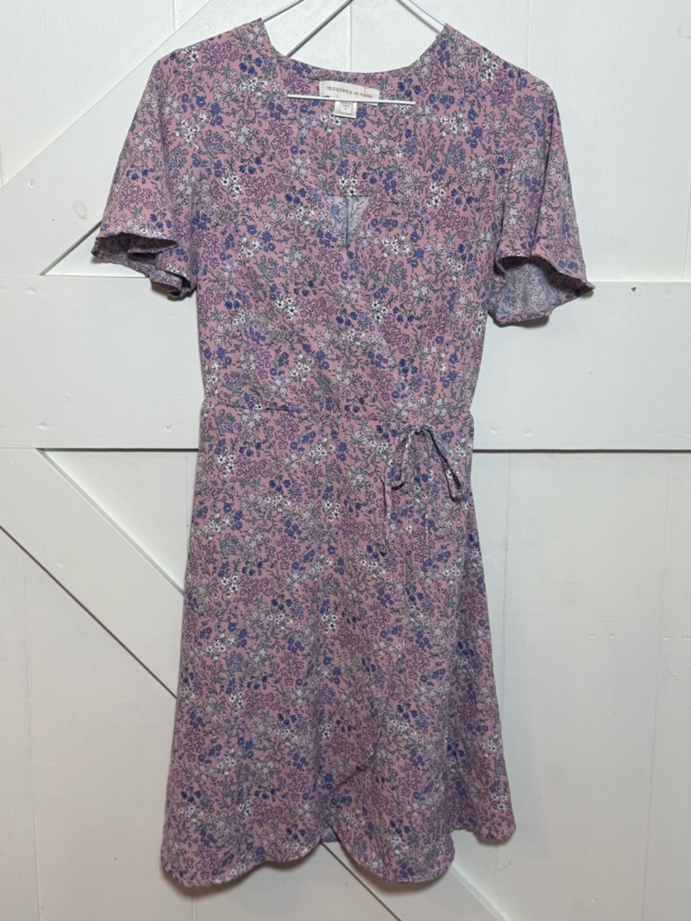 Monteau Los Angeles Women’s Small Pink Floral Faux Wrap Midi Dress Tie Waist